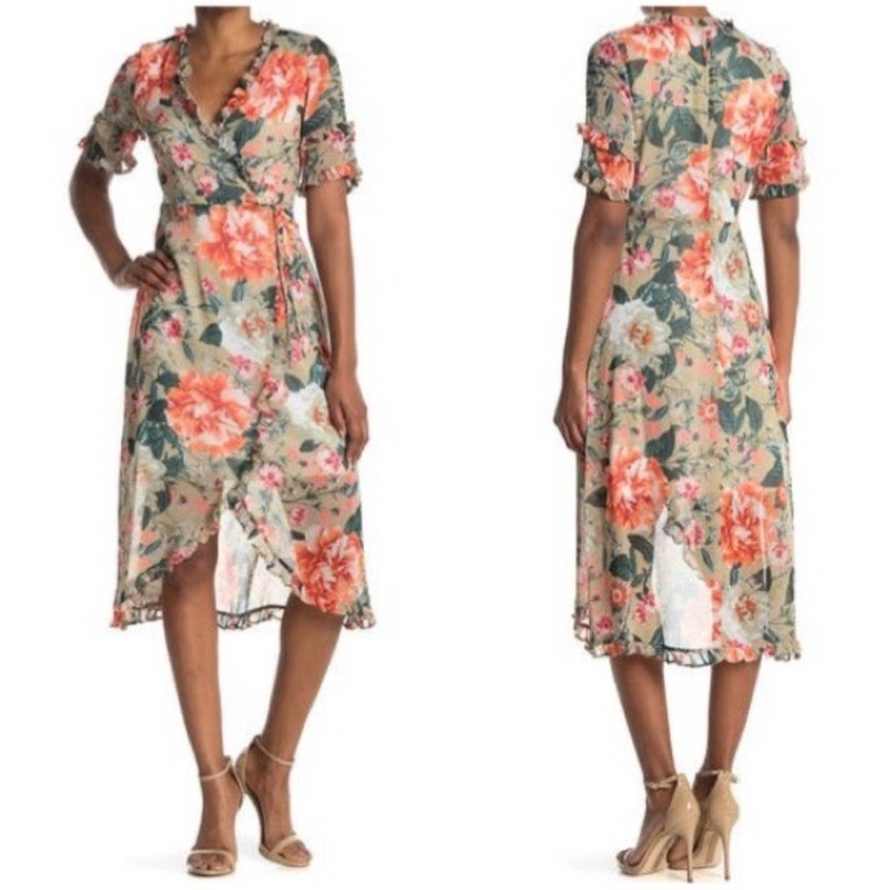 Kensie Floral Wrap Midi Dress - Pink and Green